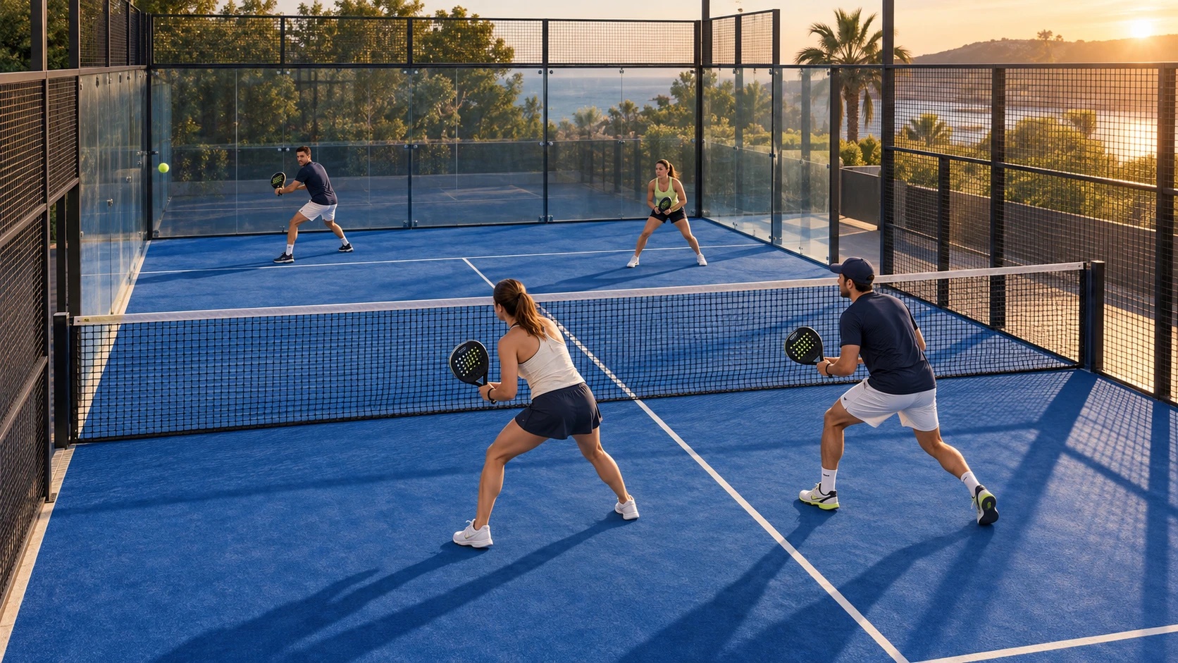 Four players in a doubles rally on an enclosed padel court.